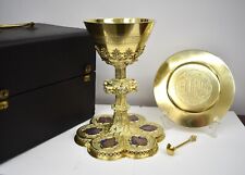 Beautiful Vintage All Sterling Silver Chalice w/Paten and Case, Enamels (CU514) picture