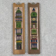 Vintage MCM Art Tile on Wood Painted Ceramic Panels Morocan Boho Copper Green picture