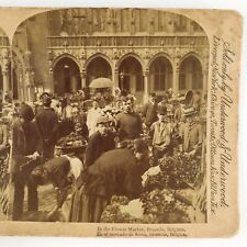 Brussels Belgium Flower Market Stereoview c1894 Street Vendors Photo Card A2040 picture