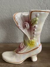 Vintage Porcelain Victorian Boot Vase Pink White Floral Iridescent picture