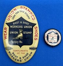 Vintage Wear Union Stamped Shoes Advertising Celluloid Pocket Mirror & Pin picture