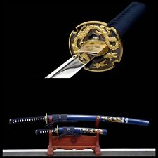 Blue Spring Steel Japanese Samurai Sword Handmade Sharp Full Tang Tanto+Katana picture