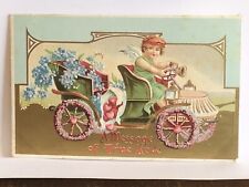 1911 Valentines Postcard A message of True Love Valentine Cupid in Car (139) picture