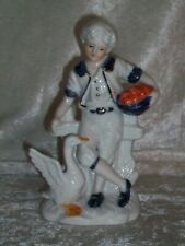Vintage German Dapper Child Picking Apples Blue & White Porcelain Goose Figurine picture