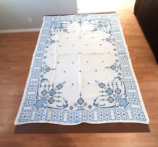 Vintage Cross Stitch Linen Tablecloth floral birds blue white Folk Art 48 x 63 picture