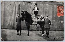French Postcard~Lilliputian Midget Stands on Decorated Circus Horse~c1910 B&W PC picture