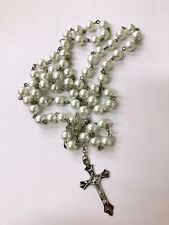 Catholic Rosary White Faux Pearl Prayer Silver Cross Rosary / Religious Rosary picture