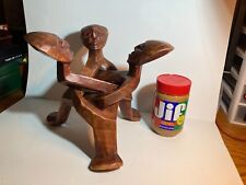 Vintg. African Wood Hand Carved 3-Man Unity Sculpture Interlock Tribal Art Stain picture