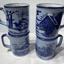 4 Vtg Sanyei Hand Painted Cobalt Blue Mugs Cups Winter Stoneware Decor Set Japan picture