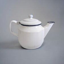 Vintage White Enamelware Coffee Pot or Teapot with Blue Trim picture