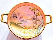 Antique Nippon Bowl Bone China Lake Swans Flowers Gold Handles 6.25