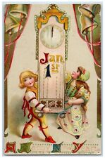 c1910's New Year Jan 1st Boy Girl Carrying Clock Bell Unposted Antique Postcard picture