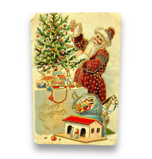 Merry Christmas Santa Claus Postcard 1911 Vintage Trimming the Christmas Tree picture