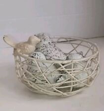 Set Of 3 Heavy Cast Iron Decorative White Washed Birds & Metal Bird Basket A picture