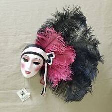 Vintage 1992 Clay Art Musical Mask Black Pink Feathers Ladies Head With Tag picture