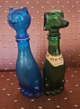 Vtg Empoli Cat & Dog Decanter Italian Green/blue Glass Bottle MCM 9” Stopper picture