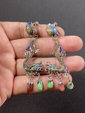 Antique Chinese Sterling Silver Enamel Dangling Dragon Filigree Clip on Earring picture