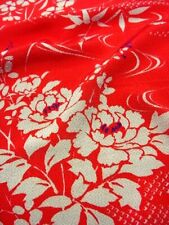 u017_Unused Japanese Kimono Fabric_Silk,Chirimen,Red,Flower,Yuzen,100 cm picture