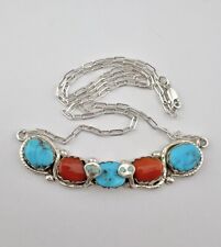 Effie Calavaza Zuni Sterling Silver Turquoise & Coral 2 Snakes Chain Necklace picture