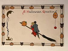 Halloween Greetings -MAN & WOMAN WITCH FLYING- S Bergman Postcard Black Cat JOL picture