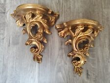 Vintage Pair Florentine Italian Gilt Gold Wall Sconces Shelves Rococo Gesso  picture