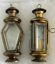 2 Antique Vntg Christmas Tree Lantern Candle Holder Ornaments Brass Cut Glass picture