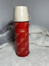 Vtg Thermos Icy Hot Quart Red Squares Geometric MCM With Tan Cap Cup Stopper picture