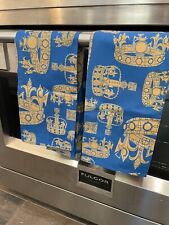 Set Of 2 New Royal British Crown Tea Towels King Queen Teal Blue Green Gold NWOT picture