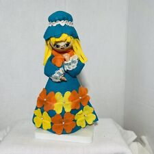 Kitsch Mod Big Eyed Felt Girl Figurine Pen Holder Flowers MCM Blue Dress Retro picture