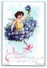 c1910's Girl Cherub Angel Floating Pansies Flowers Bouquet Pink Ribbon Postcard picture