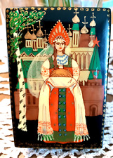 VTG Russian Lacquer Box Art Fedoskino Bread and Lard SIGNED 3 1/2