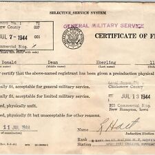 1944 WWII Selective Service Certificate Fitness Army Military Service Draft 5K picture
