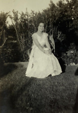 Young Woman In Prom Dress Sitting On Chair In Yard B&W Photograph 2.25 x 3.25 picture