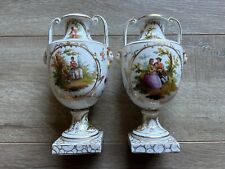 Antique Carl Thieme Germany Porcelain Hand Painted Handled Vase Set Of 2 picture