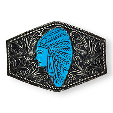 GIANT Vintage Southwestern Nickel Silver Turquoise Indian Chief Belt Buckle picture