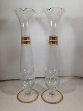 Pair of Vintage Clear Glass Gold Band Bud Vases Scalloped 10” picture