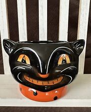 Johanna Parker Transpac Halloween Ceramic Vintage Black Grinning Cat Candy Bowl picture