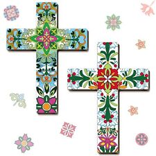 2 Pcs Floral Cross Wall Decor Mexican Cross Decor Hand Painted Wood Wall Art Mex picture