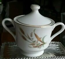 Vintage porcelain sugar bowl & lid white w wheat and green leaves made in Japan picture