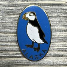 Vintage Oval Pin Gold Tone Blue Enamel Puffin Bird Alaska 1” picture