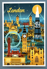 London, England - Retro Skyline  - Lantern Press Postcard picture