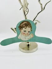 Antique 1920s Children’s Wood Hanger, Handed Painted Aqua Color Brunette Baby picture