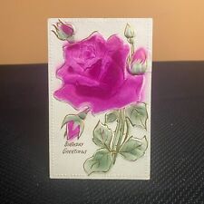 Postcard Raised Felt Rose Flower Birthday Greetings Pink Green Leaves Bulbs picture