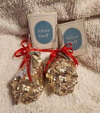 2 GENUINE PURE SILVER DIPPED REAL SEASHELL ORNAMENTS PROSPERITY TREE FARM W TAGS picture