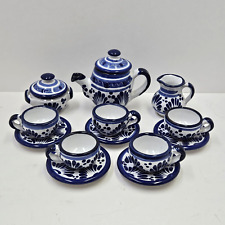 Mexico Pottery Miniature Tea Set Blue & White Hand Painted Teapot Creamer Sugar picture