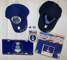US AIR FORCE 7-PIECE GIFT SET - 2 CAPS, DECAL, 2 PINS, FLAG, LICENSE PLATE | NEW picture