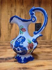 Vintage Ceramic Pitcher Vase Made Hand Painted Portugal Blue Floral Design 7” picture