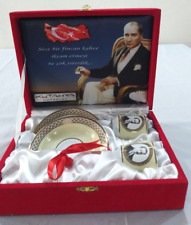 Kutahya Porselen Vtg Turkish Demitasse 2 Set In Box Hand Made Old Red Gift picture