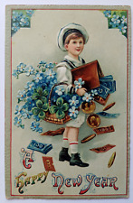 Antique 1910s A Happy New Year Lucky Clover Shamrock Boy In White Money Postcard picture