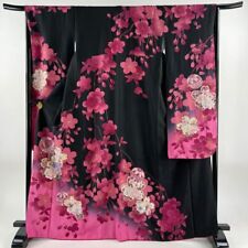 65.9inc Japanese Kimono SILK FURISODE Ball Weeping cherry blossoms Black picture